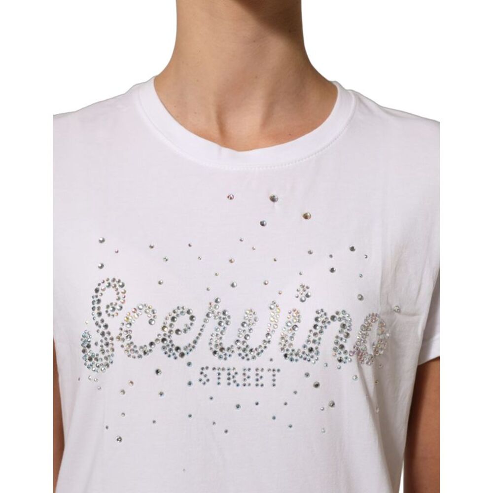 Scervino Street White Crew Neck Short Sleeves Embellished Women's T-shirt